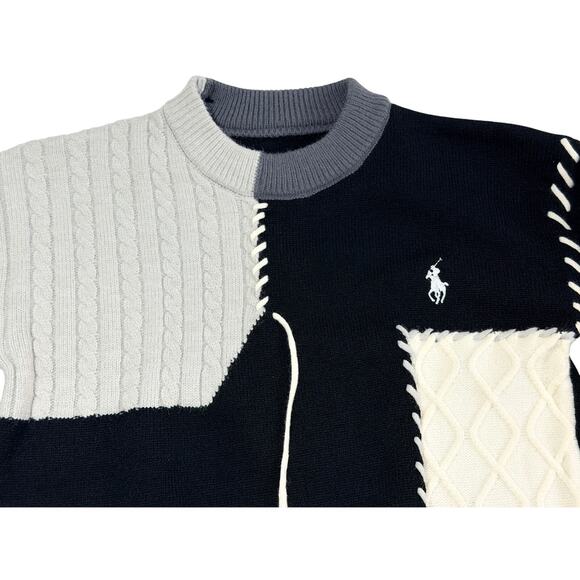 Ralph Lauren Polo Patchwork Cable Knit Sweater Wool Cotton Blend Sz L Pre-Owned - Picture 2 of 5